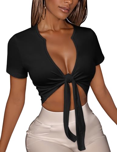 Women's Tie Front Crop Top V Neck Short Sleeve Summer Tees,Black,S